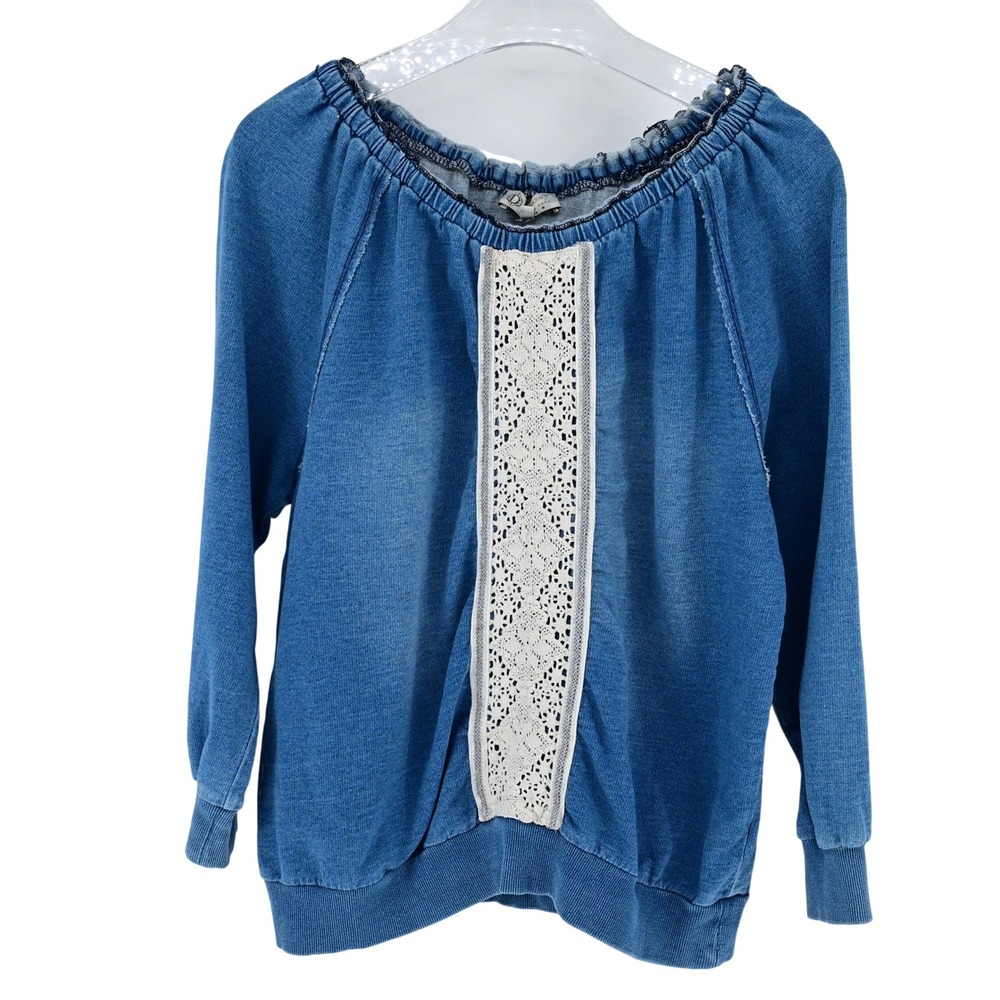 100% Cotton Democracy Denim Look Off Shoulder Long Sleeve Lace‎ Trim L Boho Chic